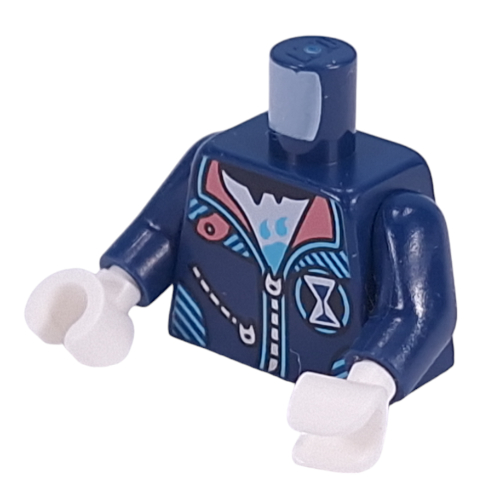 Torse, veste, fermeture éclair argentée, col corail, bord azur moyen, chemise blanche, sablier symbole motif imprimé, bras bleu foncé, mains blanches (Torso, Jacket, Silver Zipper, Coral Collar, Medium Azure Trim, White Shirt, Hourglass Symbol Print, Dark Blue Arms, White Hands)