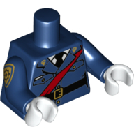 Visuel indicatif Rebrickable de Torse, Veste avec ceinture rouge, motif : ceinture noire et cravate, Bras bleu foncé avec insigne de police motif imprimé, mains blanches (Torso, Jacket with Red Sash, Black Belt and Tie Print, Dark Blue Arms with Police Badge Print, White Hands)