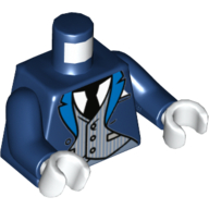 Visuel indicatif Rebrickable de Torse, manteau de smoking avec revers bleus sur gilet à rayures gris bleuté clair, motif imprimé cravate noire (Alfred Pennyworth), bras bleu foncé, mains blanches (Torso, Tuxedo Coat with Blue Lapels over Light Bluish Gray Pinstripe Vest, Black Tie Print (Alfred Pennyworth), Dark Blue Arms, White Hands)