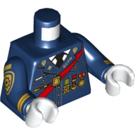 Visuel indicatif Rebrickable de Torse, Veste avec ceinture rouge et médaillon imprimé, Bras bleu foncé avec badge de police or motif imprimé, mains blanches (Torso, Jacket with Red Sash and Medals Print, Dark Blue Arms with Gold Police Badge Print, White Hands)