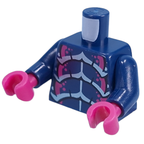 Visuel indicatif Rebrickable de Torse, poitrine de bug extraterrestre argent / magenta, motif imprimé à l'échelle, bras bleu foncé, mains magenta (Torso, Silver/Magenta Alien Bug Chest, Scaled Back Print, Dark Blue Arms, Magenta Hands)