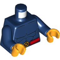 Visuel indicatif Rebrickable de Torse, contour des muscles et ceinture rouge avec X-Men Logo ceinture boucle motif imprimé, bras bleu foncé, mains orange clair vif (Torso, Muscles Outline and Red Belt with X-Men Logo Belt Buckle Print, Dark Blue Arms, Bright Light Orange Hands)
