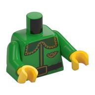 Visuel indicatif Rebrickable de Torse, veste avec grand col rond vert foncé, or garniture, corne de bureau de poste, noir ceinture motif imprimé bras vert vif, mains jaunes (Torso, Jacket with Large Rounded Dark Green Collar, Gold trim, Post Office Horn, Black Belt Print Bright Green Arms, Yellow Hands)