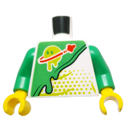Visuel indicatif Rebrickable de Torse, combinaison futuriste avec slime planet (z-blob), motif imprimé vert citron DOTS, bras vert vif, mains jaunes (Torso, Futuron Suit with Slime Planet (Z-Blob), Lime Dots Print, Bright Green Arms, Yellow Hands)