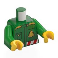 Visuel indicatif Rebrickable de Torse, Chemise, Arbre de Noël doré, Poche, Motif imprimé ceinture rouge/blanc, bras vert vif, mains jaunes (Torso, Shirt, Gold Christmas Tree, Pocket, Red/White Belt Print, Bright Green Arms, Yellow Hands)