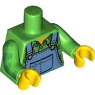 Visuel indicatif Rebrickable de Torse, salopette, bleu moyen, motif imprimé chemise à carreaux, bras vert vif, mains jaunes (Torso, Overalls, Medium Blue, over Plaid Shirt Print, Bright Green Arms, Yellow Hands)