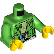 Visuel indicatif Rebrickable de Torse, veste, sac bleu clair, motif imprimé vert jaunâtre, bras vert vif, mains jaunes (Torso, Jacket, Light Blue Bag, Yellowish Green Undershirt Print, Bright Green Arms, Yellow Hands)