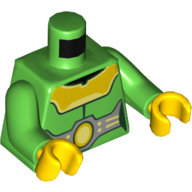 Visuel indicatif Rebrickable de Torse, armure, collier jaune, ceinture argentée avec motif imprimé cercle jaune, bras vert vif, mains jaunes (Torso, Armor, Yellow Collar, Silver Belt with Yellow Circle Print, Bright Green Arms, Yellow Hands)