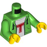 Visuel indicatif Rebrickable de Torse, sweat à capuche, chemise blanche avec motif imprimé rouge 'T', bras vert vif, mains jaunes (Torso, Hoodie, White Shirt with Red 'T' Print, Bright Green Arms, Yellow Hands)
