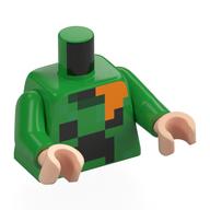 Visuel indicatif Rebrickable de Torse, face de fluage pixélisé, motif imprimé queue orange, bras vert vif, mains nougat clair (Torso, Pixelated Creeper Face, Orange Tail Print, Bright Green Arms, Light Nougat Hands)