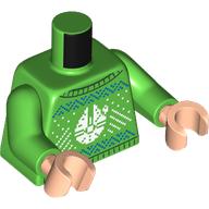 Torse, chandail de Noël avec faucon blanc du millénaire, décorations blanches/bleues motif imprimé, bras vert vif, mains nougat clair (Torso, Christmas Sweater with White Millennium Falcon, White/Blue Decorations Print, Bright Green Arms, Light Nougat Hands)