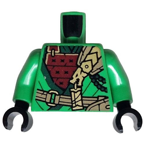 Torse, robes ninja, bord vert foncé, armure plaquée rouge foncé, bracelet beige foncé, motif imprimé dragon or, bras vert vif, mains noires (Torso, Ninja Robes, Dark Green Trim, Dark Red Plated Armor, Dark Tan Strap, Gold Dragon Print, Bright Green Arms, Black Hands)