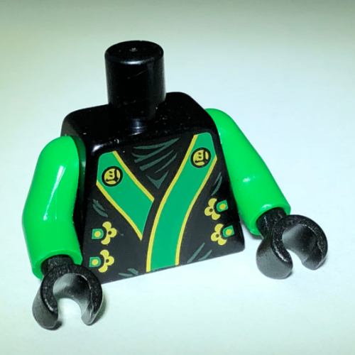 Visuel indicatif Rebrickable de Torse, robe avec motif imprimé vert et or Obi écharpe, bras vert vif, mains noires (Torso, Robe with Green and Gold Obi Sash Print, Bright Green Arms, Black Hands)