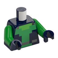 Visuel indicatif Rebrickable de Torse, chemise pixélisée vert/vert vif, motif imprimé ceinture argentée, bras vert vif, mains bleu foncé (Torso, Green/Bright Green Pixelated Shirt, Silver Belt Print, Bright Green Arms, Dark Blue Hands)