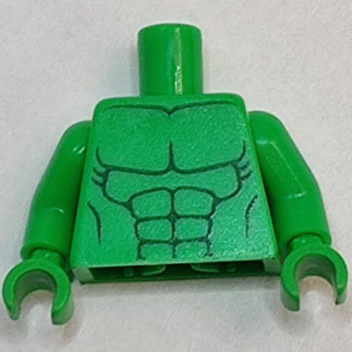 Visuel indicatif Rebrickable de Torse, poitrine nue avec des lignes de corps des deux côtés motif imprimé (coque), bras et mains vert vif (Torso, Bare Chest with Body Lines Both Sides Print (Hulk), Bright Green Arms and Hands)