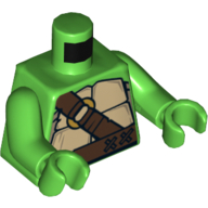 Torse, carapace de tortue avec ceinture horizontale et diagonale marron foncé avec motif imprimé anneau d'or, bras et mains vert vif (Torso, Turtle Shell with Dark Brown Horizontal and Diagonal Belt with Gold Ring Print, Bright Green Arms and Hands)