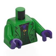 Visuel indicatif Rebrickable de Torse, veste, points d'interrogation vert foncé, gilet vert foncé, cravate violet foncé, point d'interrogation or motif imprimé, bras vert vif, mains pourpre foncé (Torso, Jacket, Dark Green Question Marks, Dark Green Vest, Dark Purple Tie, Gold Question Mark Pin Print, Bright Green Arms, Dark Purple Hands)