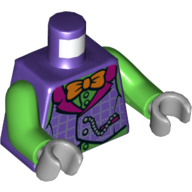 Visuel indicatif Rebrickable de Torse, gilet, col magenta, nœud papillon orange, chemise verte, motif imprimé chaîne, bras vert vif, mains gris bleuté clair (Torso, Vest, Magenta Collar, Orange Bow Tie, Green Shirt, Chain Print, Bright Green Arms, Light Bluish Gray Hands)
