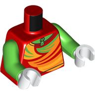 Visuel indicatif Rebrickable de Torse, costume de ski, vert vif, jaune, formes orange clair lumineux, motif imprimé à glissière, bras vert vif, mains blanches (Torso, Ski Suit, Bright Green, Yellow, Bright Light Orange Shapes, Zipper Print, Bright Green Arms, White Hands)