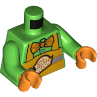 Visuel indicatif Rebrickable de Torse, tablier orange clair lumineux avec logo 'VITA RUSH', noeud papillon orange imprimé, bras vert vif, mains orange (Torso, Bright Light Orange Apron with 'VITA RUSH' Logo, Orange Bow Tie Print, Bright Green Arms, Orange Hands)