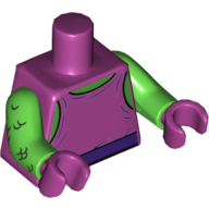 Visuel indicatif Rebrickable de Torse, gilet, col vert et ceinture violet foncé motif imprimé, bras vert vif, mains magenta (Torso, Vest, Green Neck and Dark Purple Belt Print, Bright Green Arms, Magenta Hands)