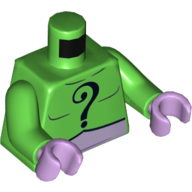 Torse, corps, point d'interrogation noir sur la poitrine et le dos et ceinture de lavande motif imprimé (le devineur), bras vert vif, mains lavande (Torso, Bodysuit, Black Question Mark on Chest and Back and Lavender Belt Print (The Riddler), Bright Green Arms, Lavender Hands)