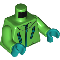 Visuel indicatif Rebrickable de Torse, veste, zips motif imprimé, bras vert vif, mains turquoise foncé (Torso, Jacket, Zippers Print, Bright Green Arms, Dark Turquoise Hands)