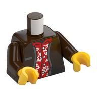Visuel indicatif Rebrickable de Torse, veste, étiquette de nom, chemise rouge avec motif imprimé de fleurs blanches, bras brun foncé, mains jaunes (Torso, Jacket, Name Tag, Red Shirt with White Flowers Print, Dark Brown Arms, Yellow Hands)