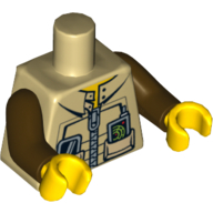 Visuel indicatif Rebrickable de Torse, veste avec col de sangle, fermeture à glissière, téléphone et GPS imprimé, bras brun foncé, mains jaunes (Torso, Jacket with Strap Collar, Zipper, Phone and GPS Print, Dark Brown Arms, Yellow Hands)