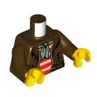 Visuel indicatif Rebrickable de Torse, veste, ouvert sur chemise rayée rouge et blanche, foulard vert / motif imprimé requin et nuages, bras brun foncé, mains jaunes (Torso, Jacket, Open over Red and White Striped Shirt, Green Neckerchief / Shark and Clouds Print, Dark Brown Arms, Yellow Hands)