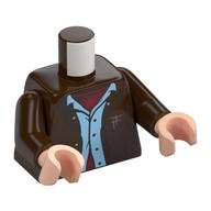 Visuel indicatif Rebrickable de Torse, Veste, Égratignures, Chemise bleu clair vif, Chemise rouge foncé motif imprimé, bras brun foncé, mains nougat clair (Torso, Jacket, Scratches, Bright Light Blue Shirt, Dark Red Shirt Print, Dark Brown Arms, Light Nougat Hands)