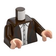 Visuel indicatif Rebrickable de Torse, veste marron foncé, bord bleu foncé, chemise blanche motif imprimé, bras brun foncé, mains nougat clair (Torso, Dark Brown Jacket, Dark Blue trim, White Shirt Print, Dark Brown Arms, Light Nougat Hands)