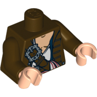 Visuel indicatif Rebrickable de Torse, veste sur chemise blanche ouverte avec ceintures et motif imprimé ceinture blanche, bras brun foncé, mains nougat clair (Torso, Jacket over White Open Shirt with Belts and White Sash Print, Dark Brown Arms, Light Nougat Hands)