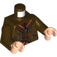 Visuel indicatif Rebrickable de Torse, robe avec motif imprimé bord rouge foncé, bras brun foncé, mains nougat clair (Torso, Robe with Dark Red Trim Print, Dark Brown Arms, Light Nougat Hands)