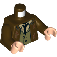 Visuel indicatif Rebrickable de Torse, Veste avec des larmes, Chemise vert olive, Chemise à rayures beige, Cravate noire motif imprimé, Brun foncé, Nougat clair Mains (Torso, Jacket with Tears, Olive Green Shirt, Tan Striped Shirt, Black Tie Print, Dark Brown, Light Nougat Hands)