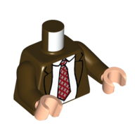 Visuel indicatif Rebrickable de Torse, Veste, Chemise blanche, Motif imprimé cravate pointillée rouge, bras brun foncé, mains nougat clair (Torso, Jacket, White Shirt, Red Dotted Tie Print, Dark Brown Arms, Light Nougat Hands)