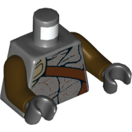 Visuel indicatif Rebrickable de Torse, chemise avec spirales, sangles brun rougeâtre et motif imprimé pochette beige foncé, bras brun foncé, mains noires (Torso, Shirt with Spirals, Reddish Brown Straps and Dark Tan Pouch Print, Dark Brown Arms, Black Hands)