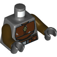 Visuel indicatif Rebrickable de Torse, armure, poitrine brun rougeâtre et ceinture avec pochettes et boucle motif imprimé, bras brun foncé, mains noires (Torso, Armor, Reddish Brown Chestplate and Belt with Pouches and Buckle Print, Dark Brown Arms, Black Hands)