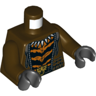 Torse, sweat à capuche, ouvert avec des rayures de tigre sous-vêtement et collier denté motif imprimé, bras brun foncé, mains noires (Torso, Hoodie, Open with Tiger Stripes Undershirt and Toothed Necklace Print, Dark Brown Arms, Black Hands)