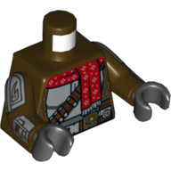 Visuel indicatif Rebrickable de Torse, armure, panneaux gris bleuté clair, bandelier et ceinture brun foncé, motif imprimé écharpe rouge, bras brun foncé avec motif imprimé de panneaux d'armure gris bleuté clair, mains noires (Torso, Armor, Light Bluish Gray Panels, Dark Brown Bandolier and Belt, Red Scarf Print, Dark Brown Arms with Light Bluish Gray Armor Panels Print, Black Hands)