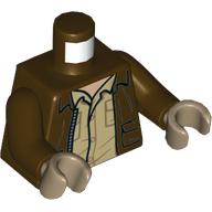 Visuel indicatif Rebrickable de Torse, veste, ouvert sur la chemise beige imprimé, bras brun foncé, mains beige foncé (Torso, Jacket, Open over Tan Shirt Print, Dark Brown Arms, Dark Tan Hands)