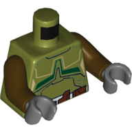 Visuel indicatif Rebrickable de Torse, armure avec ceinture marron blanc et rougeâtre et motif imprimé Marquages vert foncé, bras brun foncé, mains gris bleuté foncé (Torso, Armor with White and Reddish Brown Belt and Dark Green Markings Print, Dark Brown Arms, Dark Bluish Gray Hands)