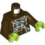 Visuel indicatif Rebrickable de Torse, poitrine nue avec toile d'araignée, araignée beige foncé et bleu bijou rond (chi) motif imprimé, bras brun foncé, mains vert citron (Torso, Bare Chest with Spider Web, Dark Tan Spider and Blue Round Jewel (Chi) Print, Dark Brown Arms, Lime Hands)