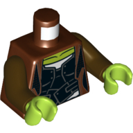 Visuel indicatif Rebrickable de Torse, veste, chemise noire vert citron cou motif imprimé (Gamora) bras brun foncé, mains vert citron (Torso, Jacket, Black Shirt Lime Neck Print (Gamora) Dark Brown Arms, Lime Hands)