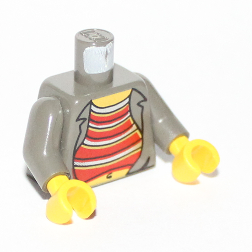 Visuel indicatif Rebrickable de Torse, chemise ouverte avec sous-vêtement rayé rouge et argent et motif imprimé nombril, bras gris foncé, mains jaunes (Torso, Open Shirt with Red and Silver Striped Undershirt and Navel Print, Dark Gray Arms, Yellow Hands)