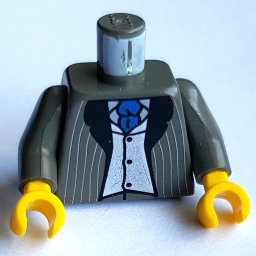 Torse, veste de costume à rayures, gilet argent, motif imprimé cravate bleue, bras gris foncé, mains jaunes (Torso, Pinstriped Suit Jacket, Vest Silver, Blue Tie Print, Dark Gray Arms, Yellow Hands)