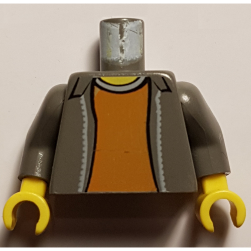 Visuel indicatif Rebrickable de Torse, ouvert Veste avec col et chemise orange foncé motif imprimé, bras gris foncé, mains jaunes (Torso, Open Jacket with Collar and Dark Orange Shirt Print, Dark Gray Arms, Yellow Hands)