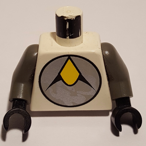 Visuel indicatif Rebrickable de Torse, jaune/argent Exploriens Logo imprimé, bras gris foncé, mains noires (Torso, Yellow/Silver Exploriens Logo Print, Dark Gray Arms, Black Hands)