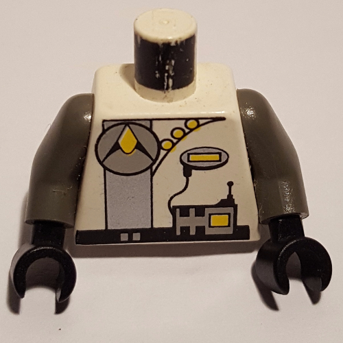 Visuel indicatif Rebrickable de Torse, Exploriens Logo avec motif imprimé Radio, bras gris foncé, mains noires (Torso, Exploriens Logo with Radio Print, Dark Gray Arms, Black Hands)