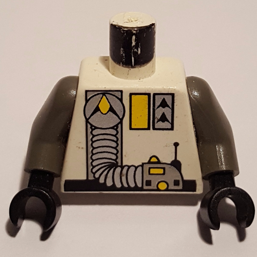Visuel indicatif Rebrickable de Torse, Logo Exploriens, Accents jaunes, Tuyau argenté imprimé, bras gris foncé, mains noires (Torso, Exploriens Logo, Yellow Accents, Silver Hose Print, Dark Gray Arms, Black Hands)
